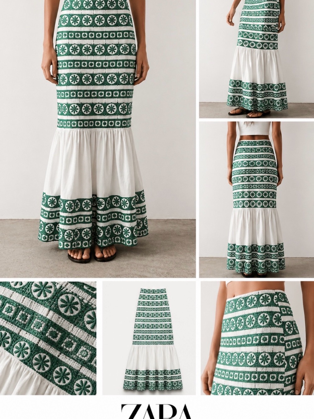 ZARA Green & White Patterned Tiered Maxi Skirt